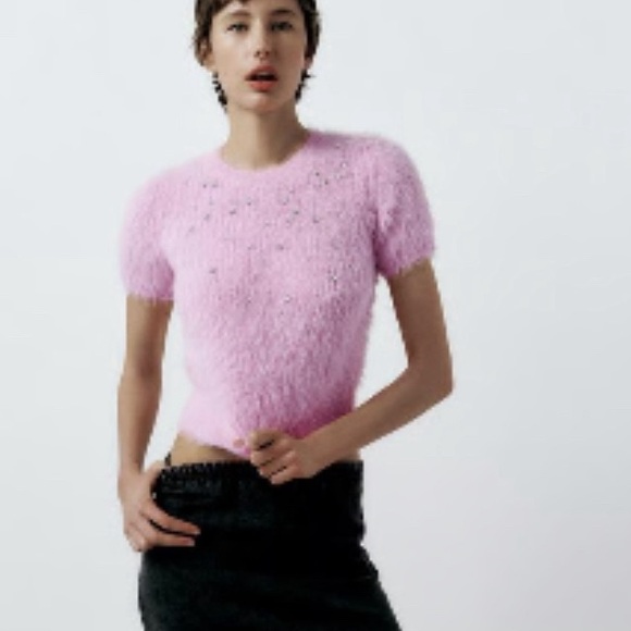 Zara Tops - ZARA Light Pink Faux Fur Sweater Top With Rhinestone Jewel Detail S,